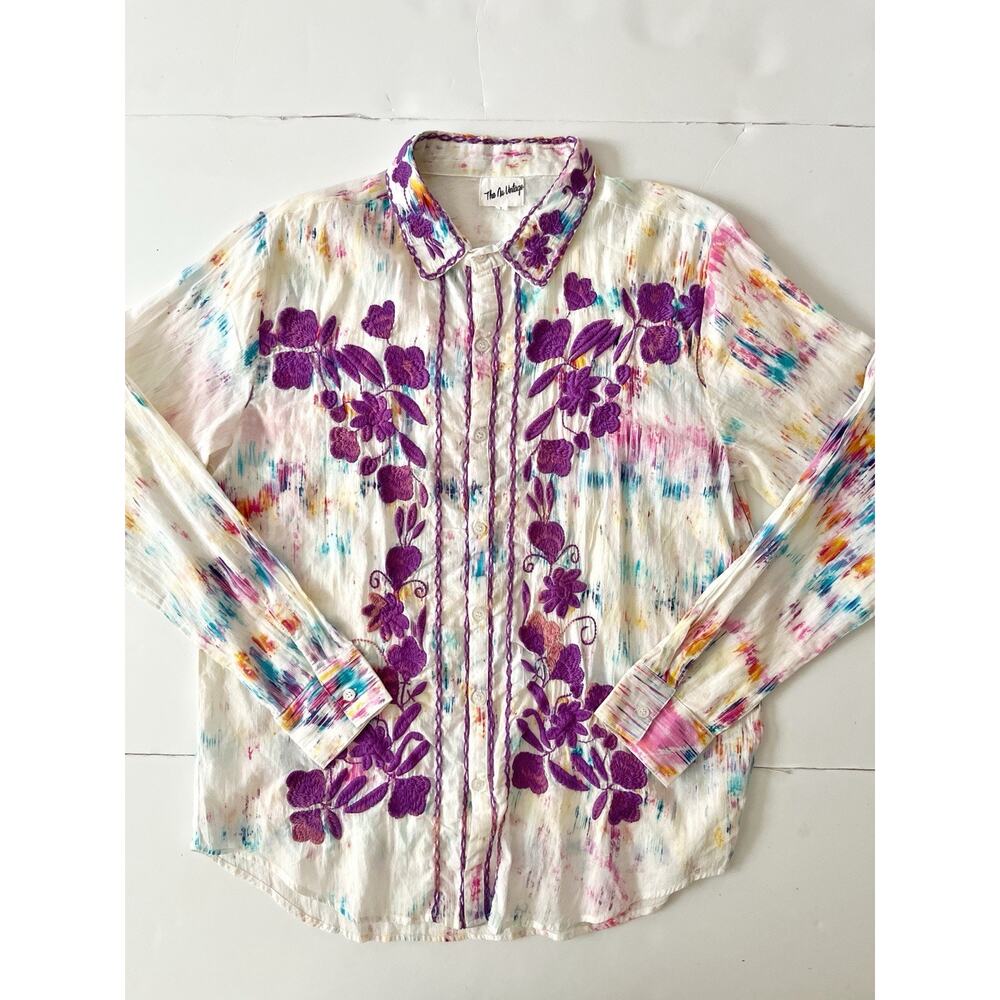 Nu Vintage Button Down Shirt Women L Cream Purple Embroidered Artsy Romantic NWT